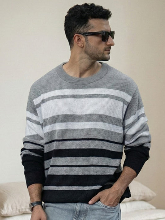 Grey And Black Structured Striped T-Shirt 100% Cotton