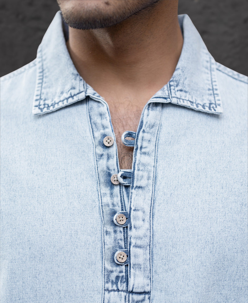 Light Blue Denim Kurta Shirt 100% Cotton