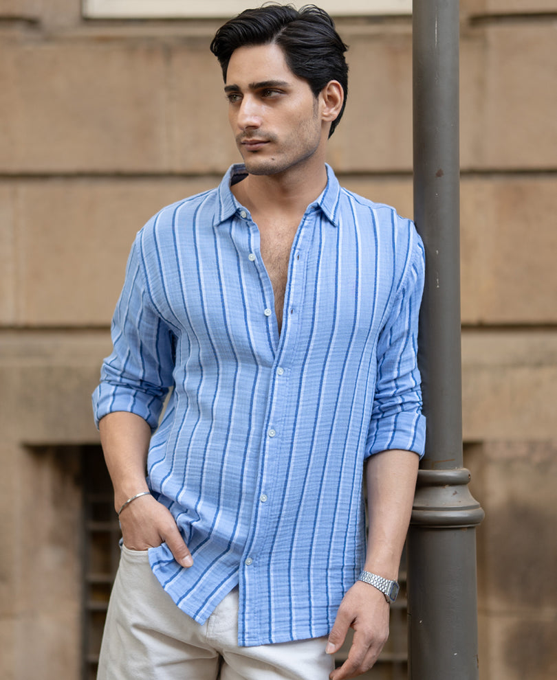 Blue Double Cloth Striped Shirt 100% Cotton