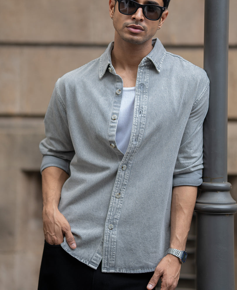 Grey Washed Denim Shirt 100% Cotton