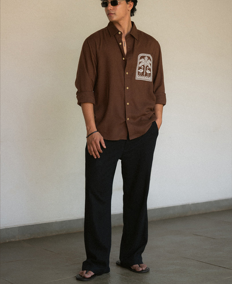Brown Linen Blend Embroidery Shirt