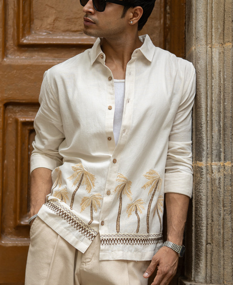 Light Beige Palm Embroidery Shirt
