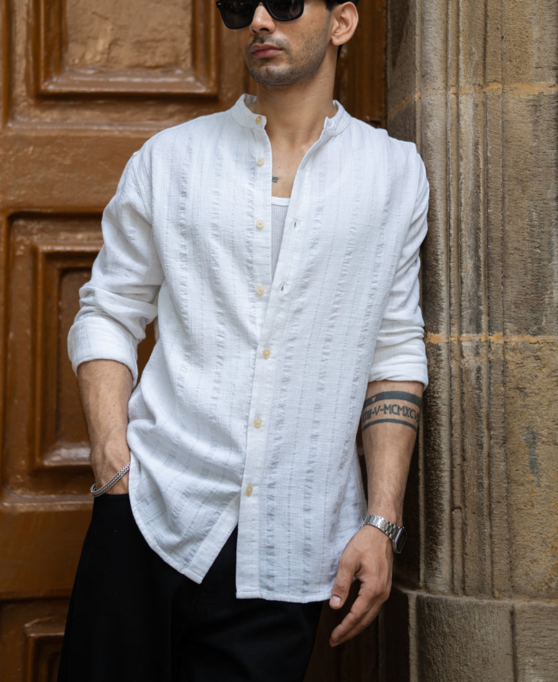 White Chinese Collar Structure Shirt