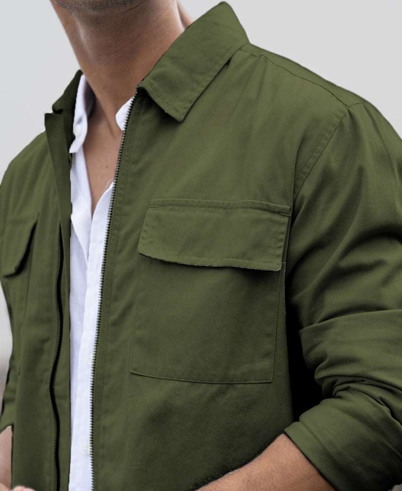 Olive Structured Zipper Overshirt 100% Cotton