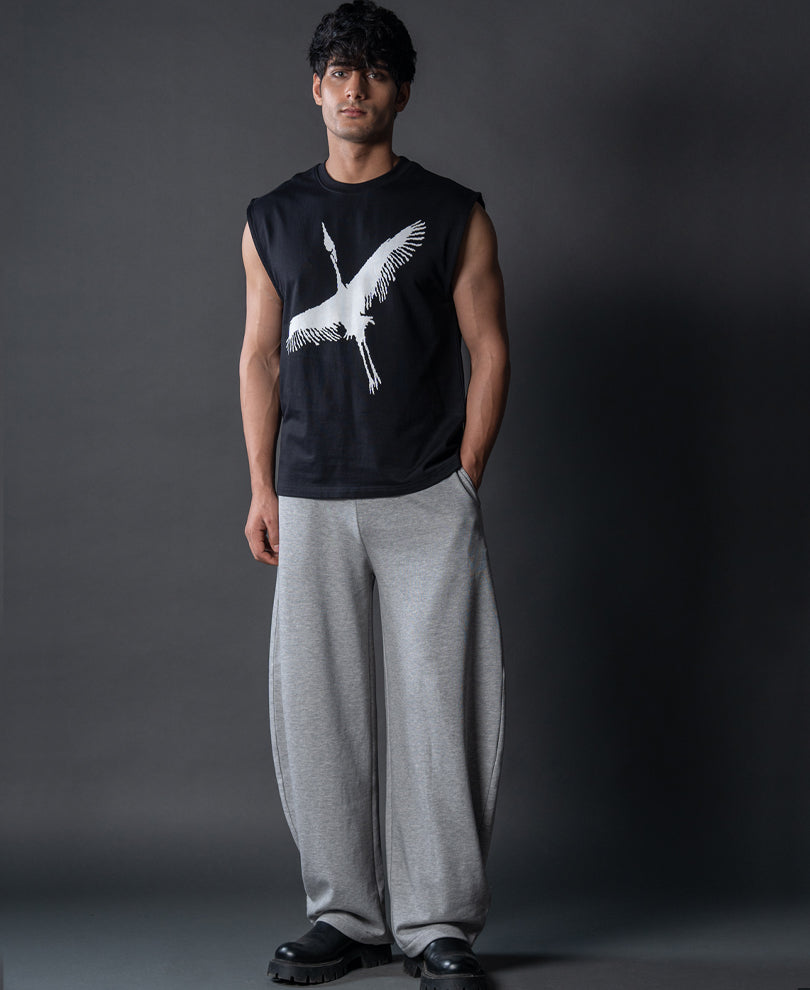 Heron Print Black Vest 100% Cotton