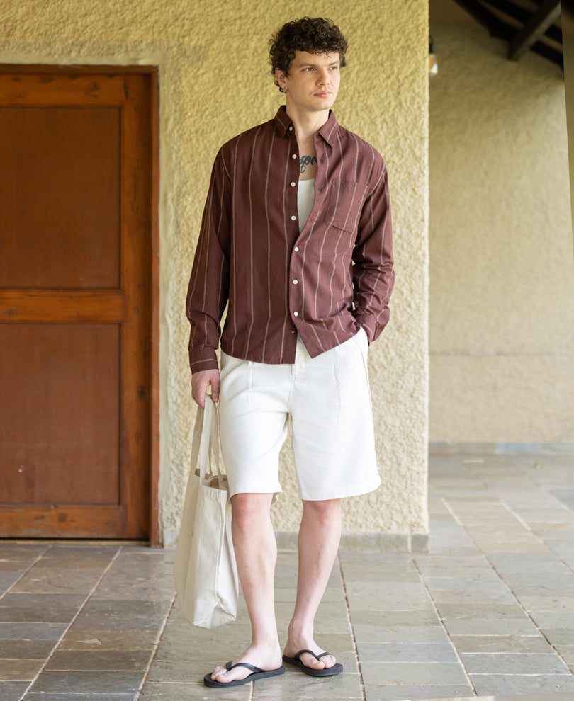 Brown Linen Blend Stripe Shirt