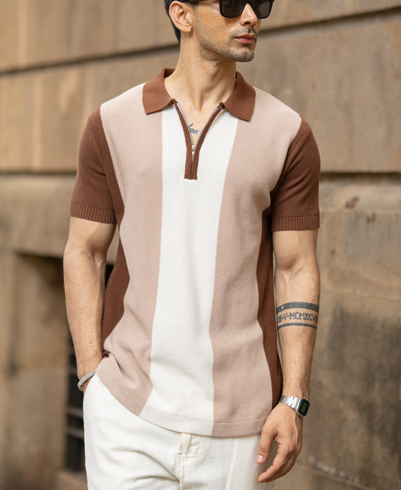Beige & Brown Knit Stripe T-Shirt 100% Cotton