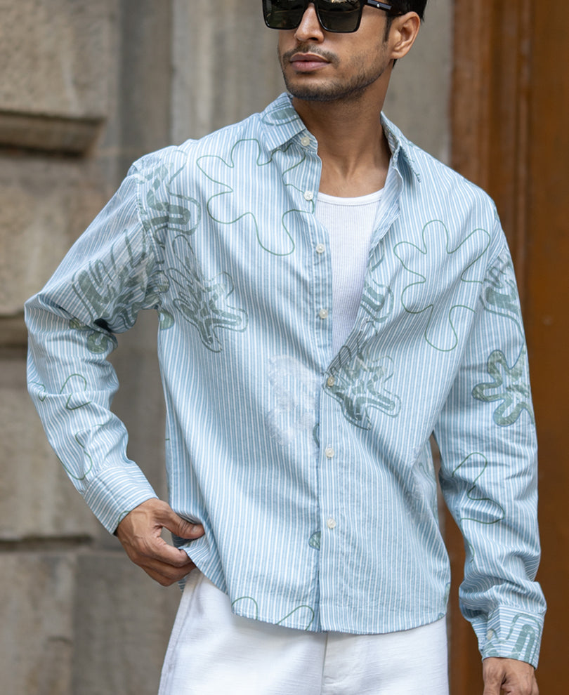 Blue Stripe Abstract Print Shirt 100% Cotton