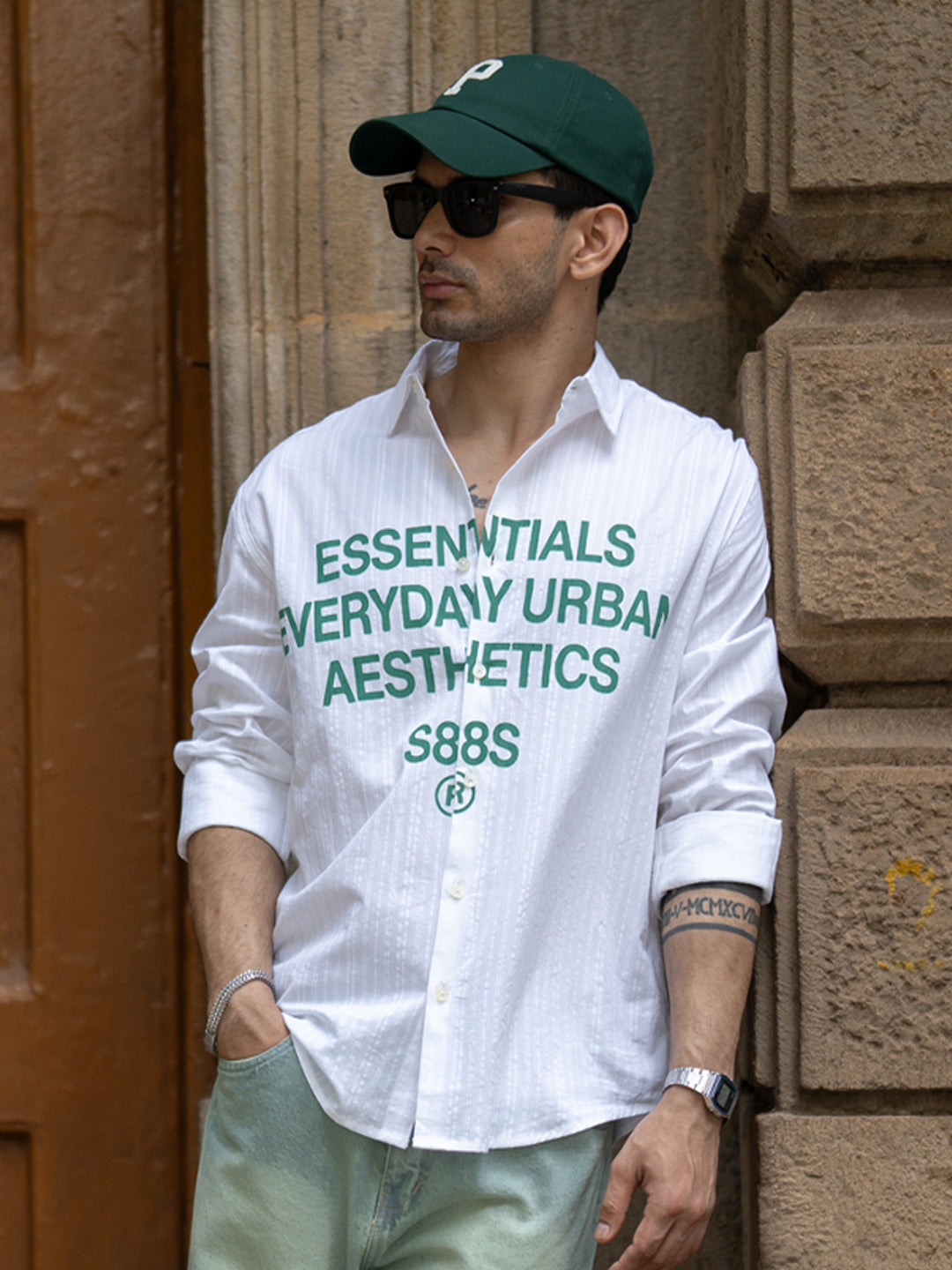 White Seersucker Printed Shirt 100% Cotton