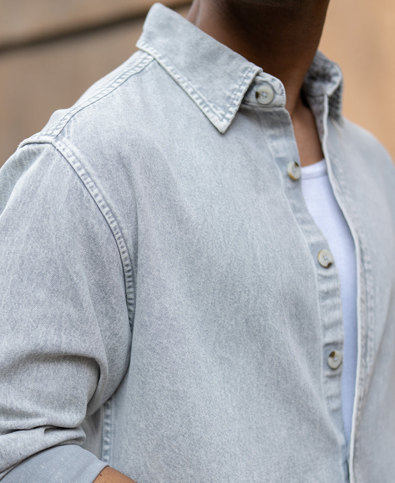 Grey Washed Denim Shirt 100% Cotton