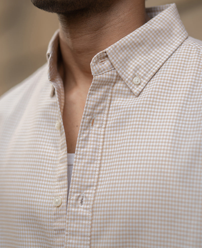 Beige Microchecks Oxford Shirt 100% Cotton