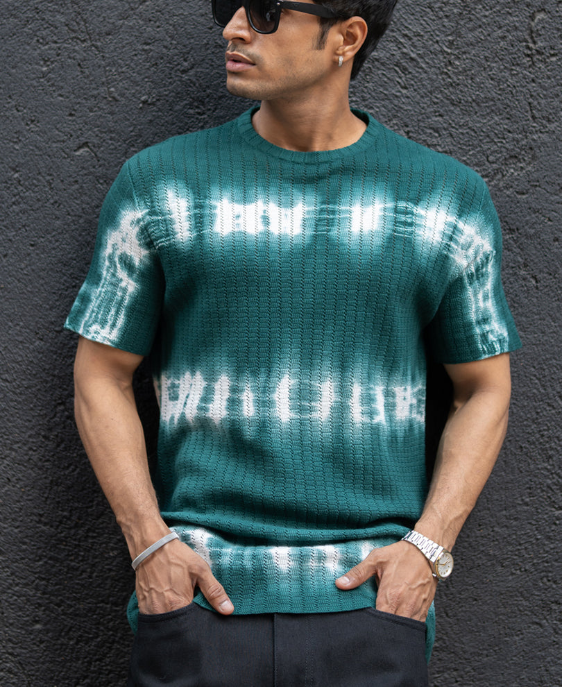 Dark Green Tie Dye Knit T-Shirt 100% Cotton