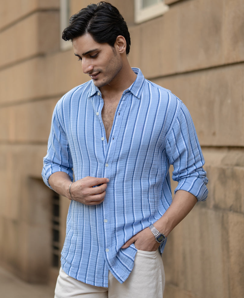 Blue Double Cloth Striped Shirt 100% Cotton