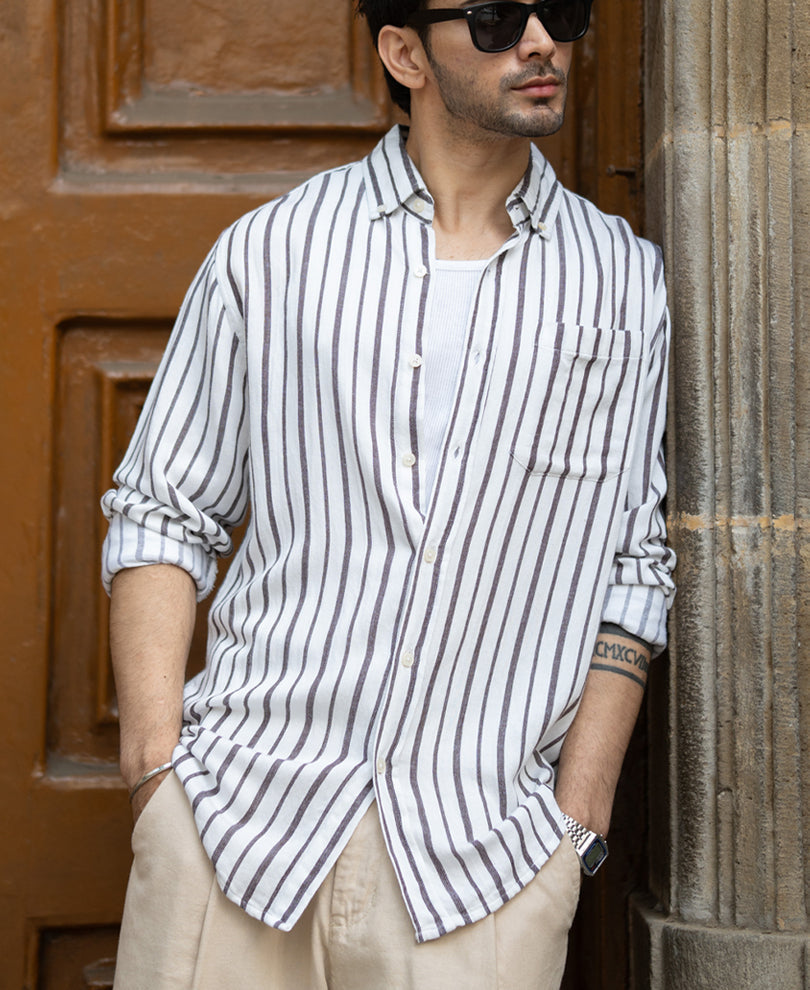 White Linen Blend Stripe Shirt