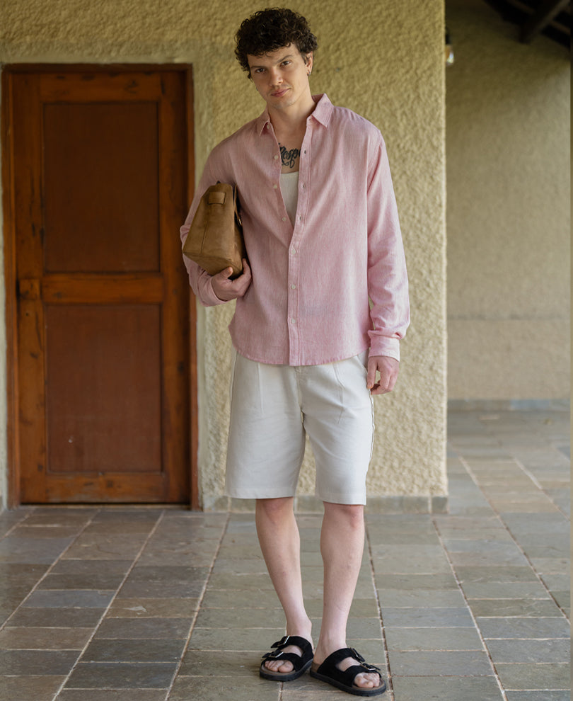 Pink Linen Blend Strucutured Shirt