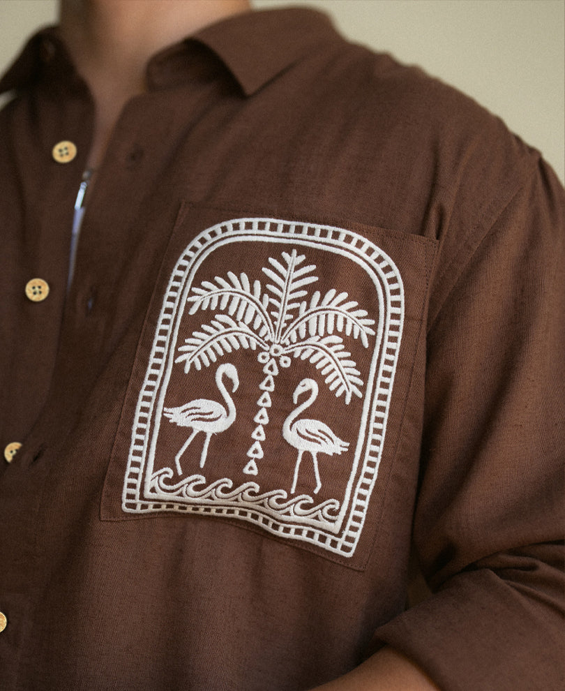 Brown Linen Blend Embroidery Shirt