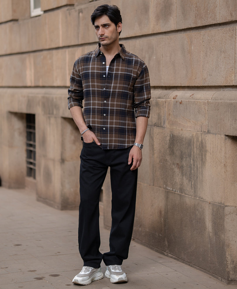 Brown Structured Checks Shirt 100% Cotton