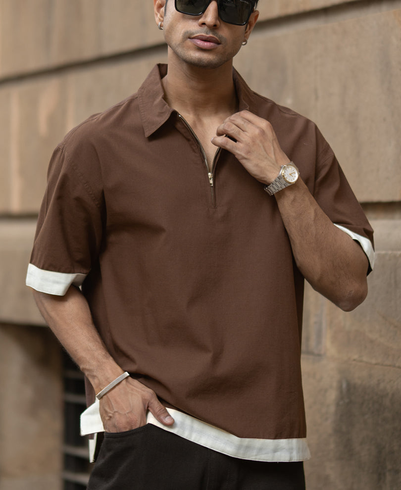 Dark Brown Boxy Fit Zipper Shirt 100% Cotton