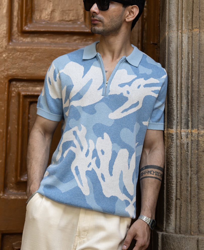 Blue Jacquard Knit T-Shirt 100% Cotton