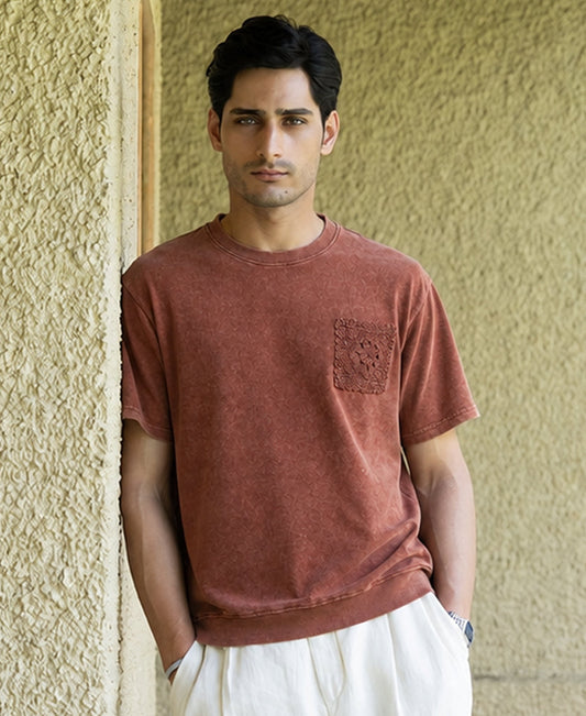 Brown Washed Crochet Patch T-Shirt