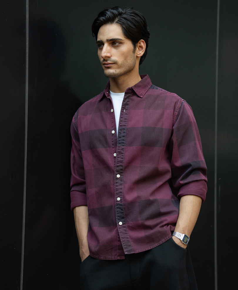 Burgendy Overdyed Checks Shirt