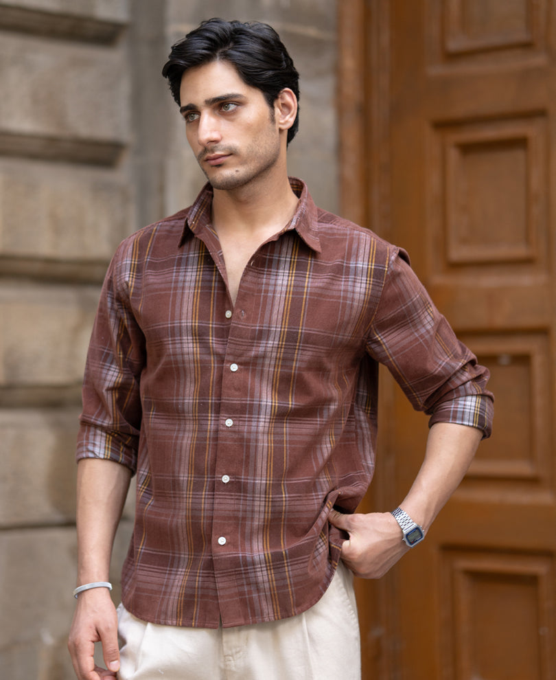 Brown Corduroy Check Shirt 100% Cotton