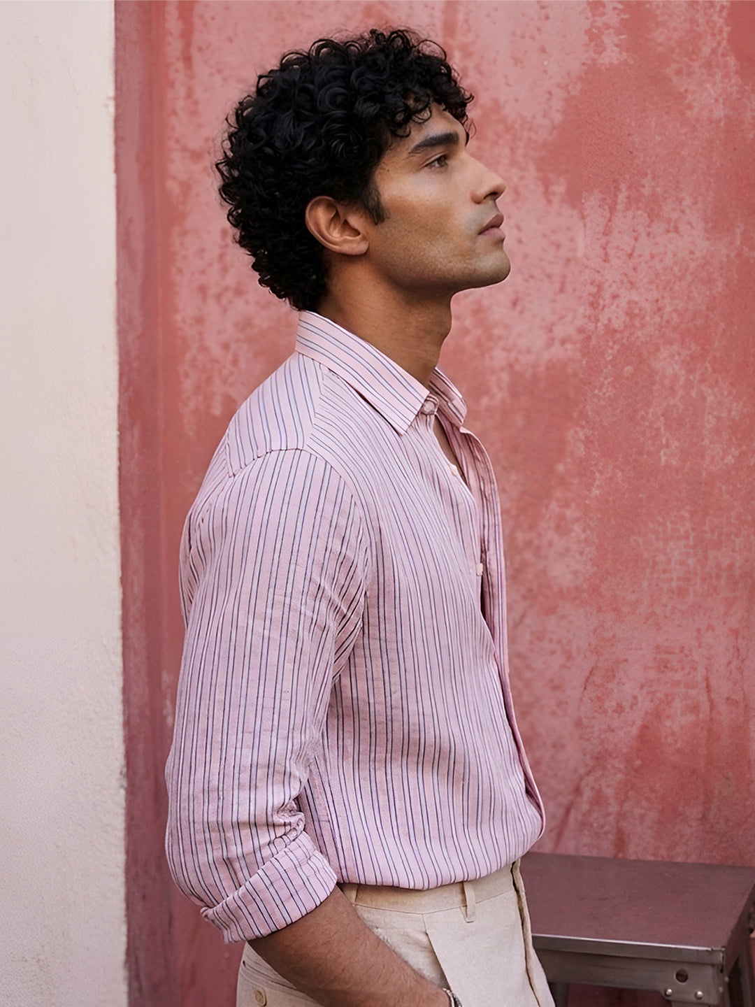 Pastel Pink Linen Blend Stripe Shirt