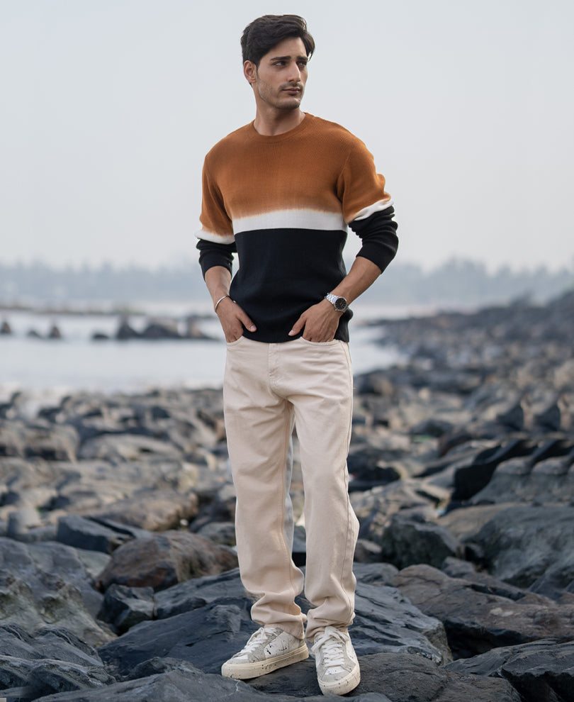 Brown And Black Stripe Knit T-Shirt 100% Cotton