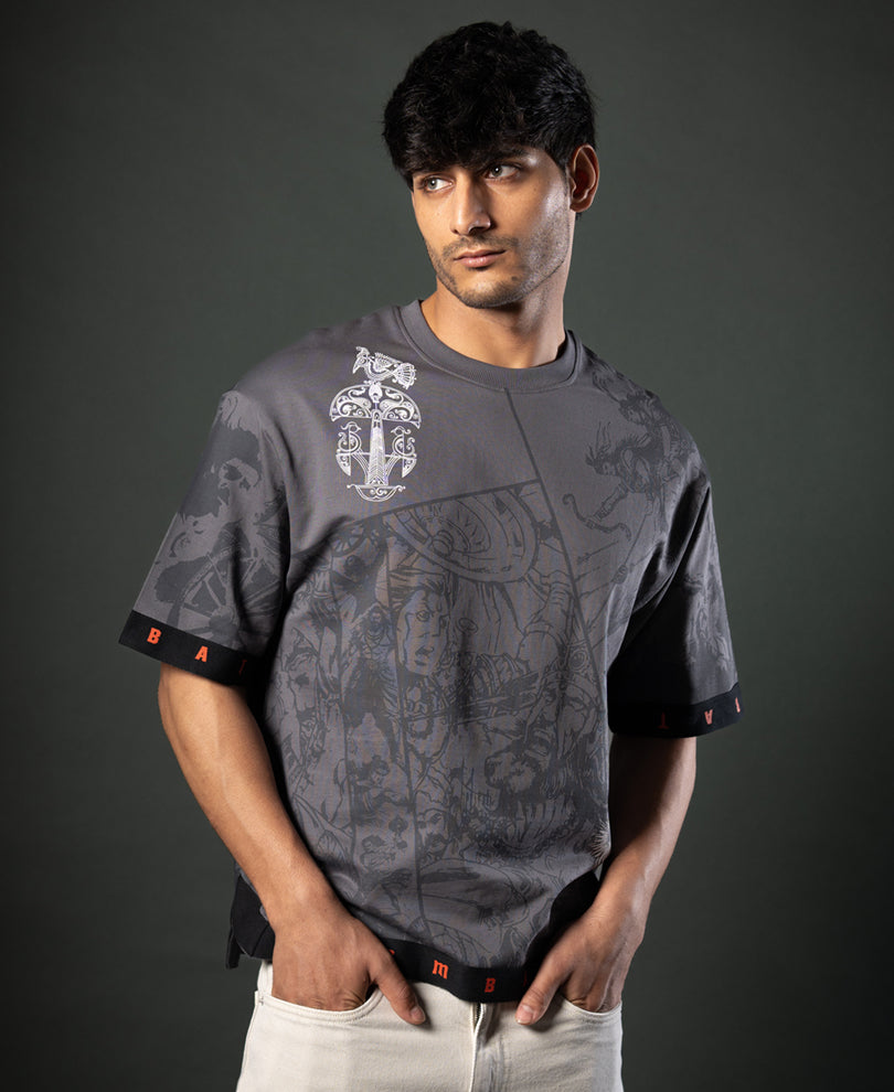 Grey Mahabharata Print T-Shirt 100% Cotton