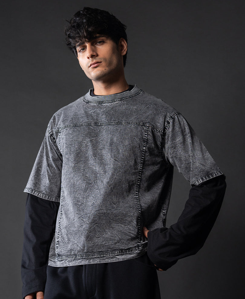 Grey Washed Panelled T-Shirt 100% Cotton