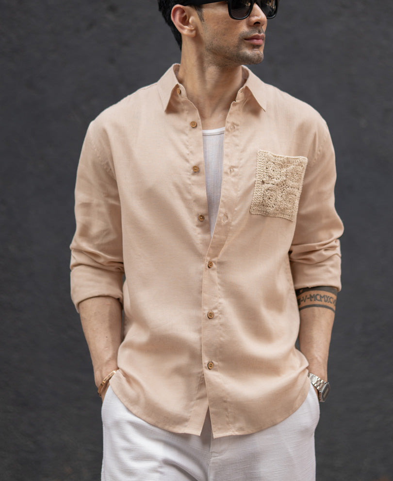 Beige Linen Crochet Patch Shirt