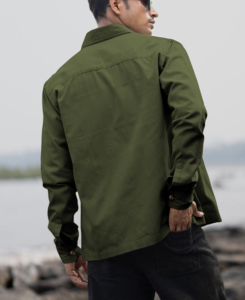 Olive Structured Zipper Overshirt 100% Cotton
