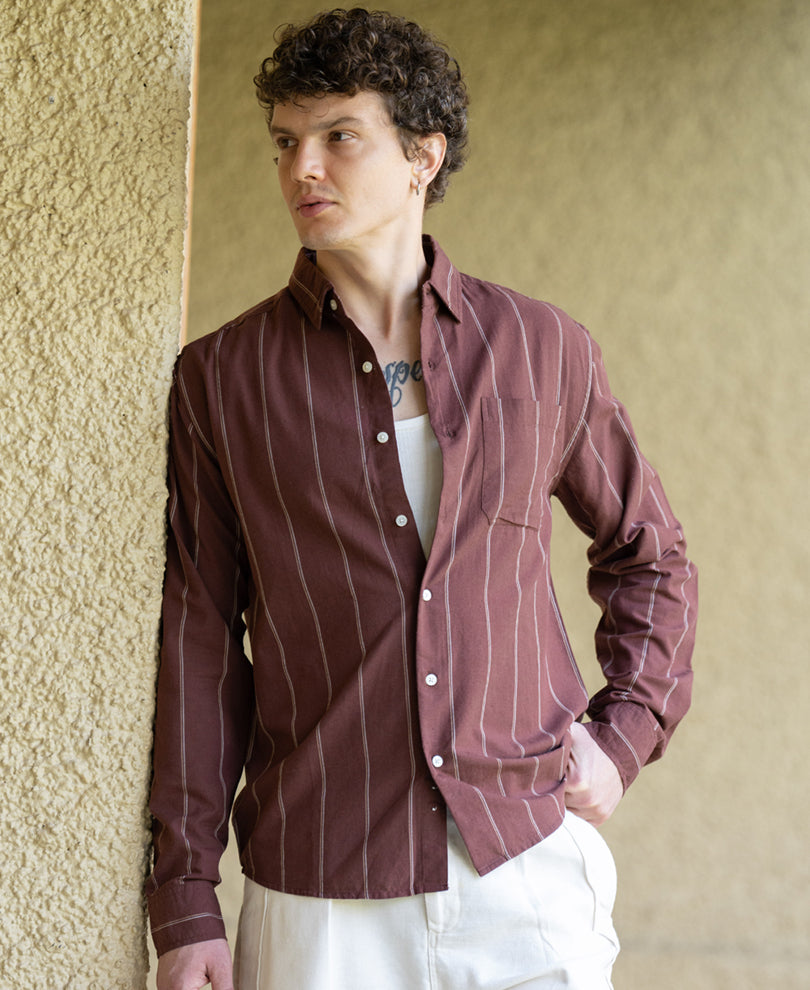 Brown Linen Blend Stripe Shirt
