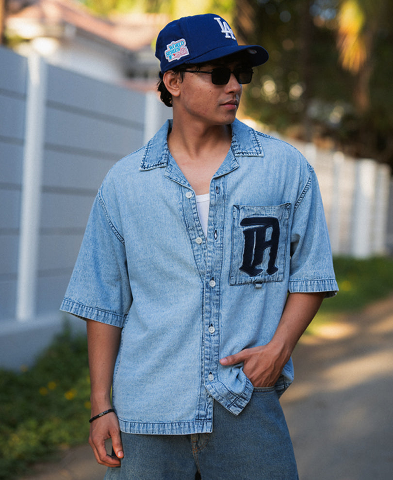 Blue Embroidered Denim Shirt 100% Cotton