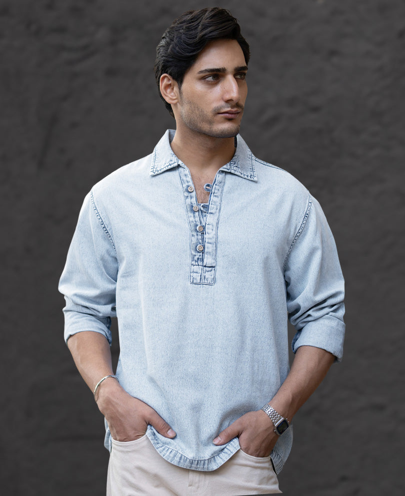 Light Blue Denim Kurta Shirt 100% Cotton