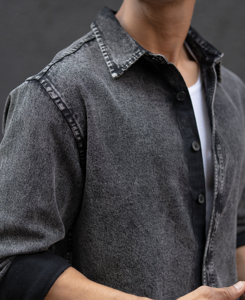 Charcoal Black Washed Denim Overshirt 100% Cotton