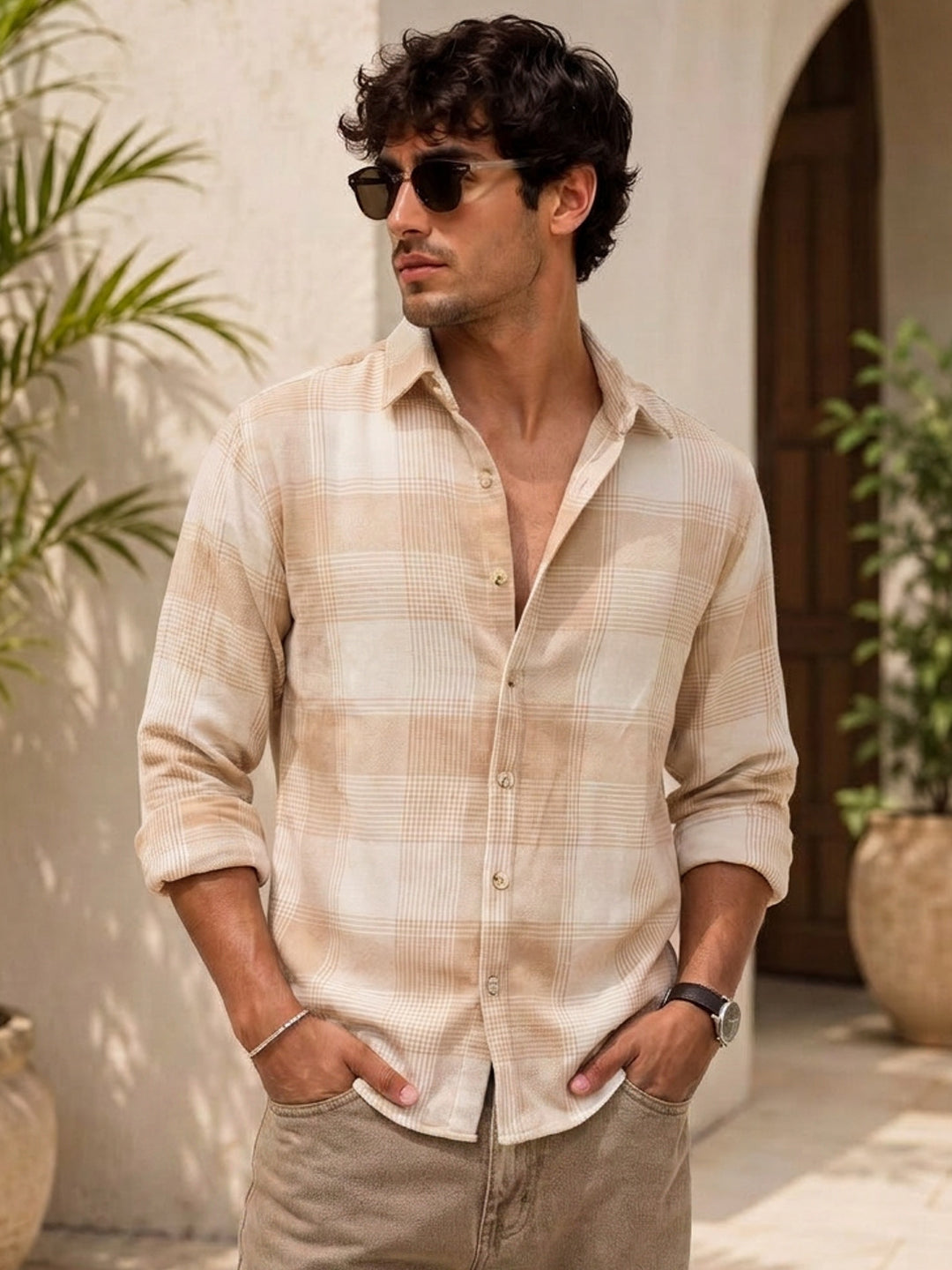 Beige Flannel Checks Shirt