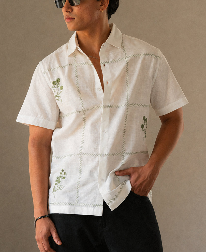 Off-White Floral Embroidery Shirt 100% Cotton