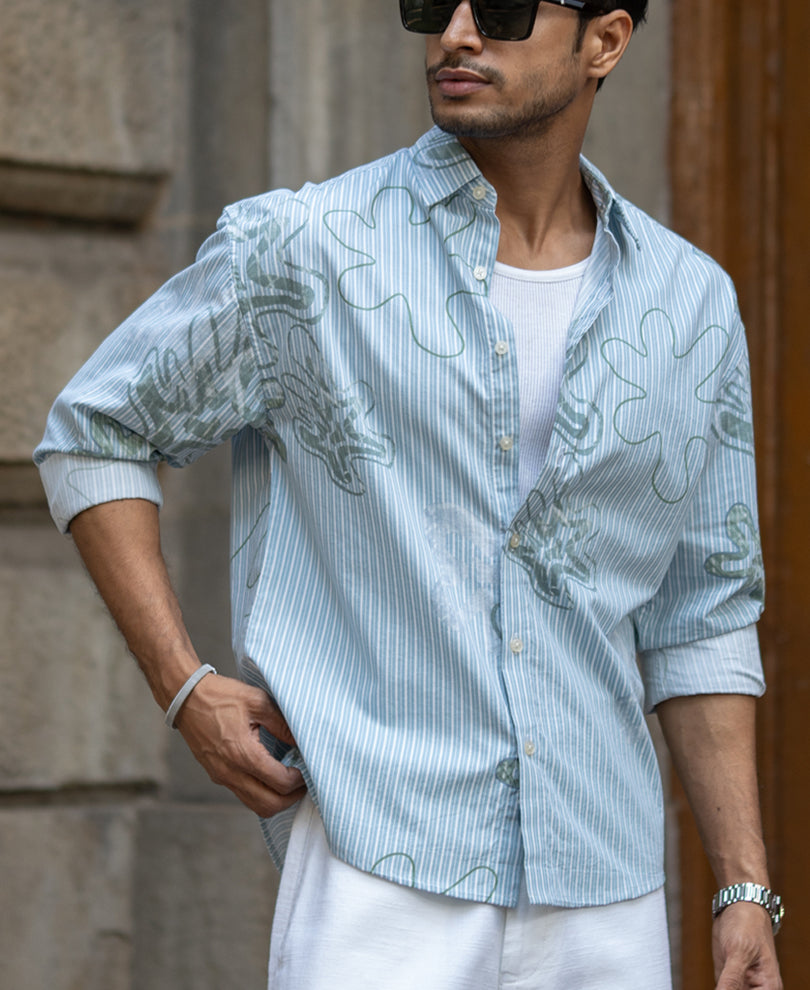 Blue Stripe Abstract Print Shirt 100% Cotton