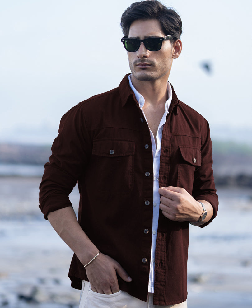 Wine Structured Overshirt With Pockets 100% Cotton