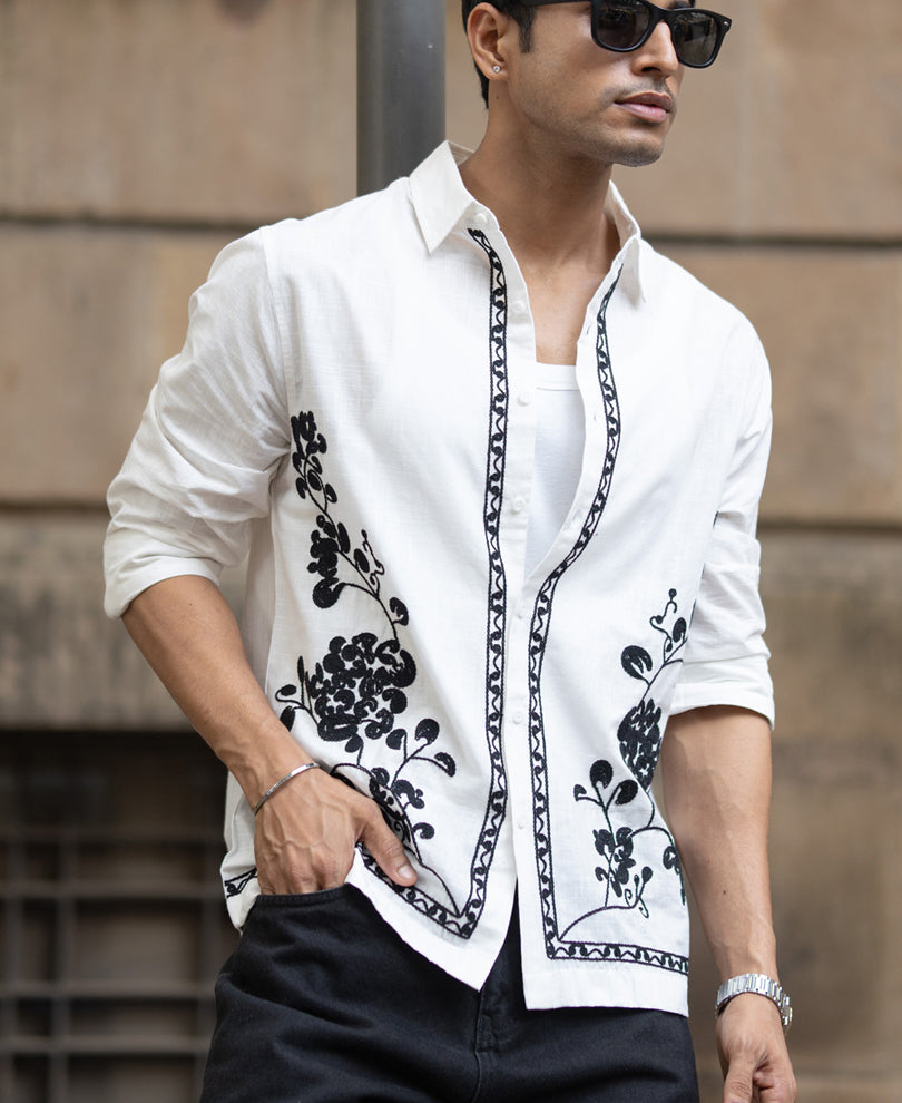 White Slub Embroidered Shirt 100% Cotton
