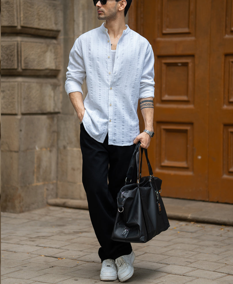 White Chinese Collar Structure Shirt