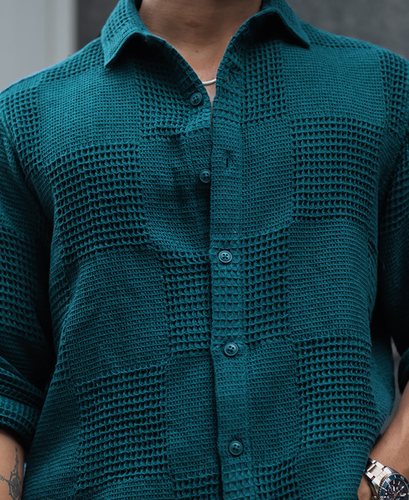 Teal Blue Waffle Structure Regular Fit Full Sleeves Shirt