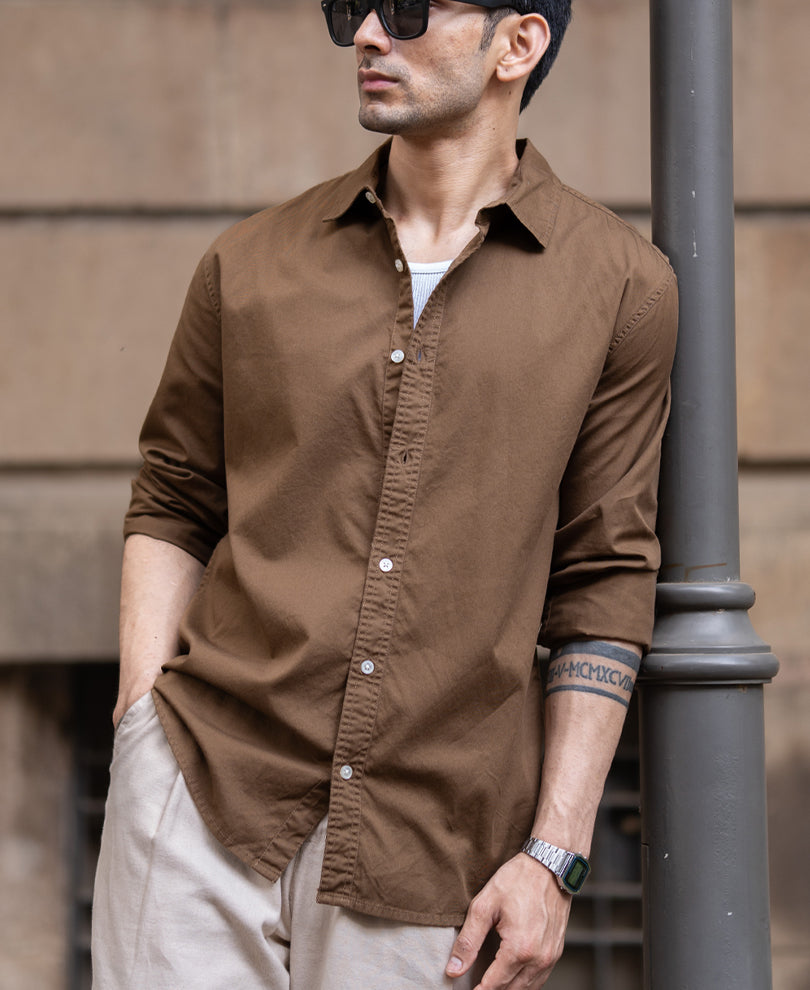 Tan Brown Washed Shirt 100% Cotton