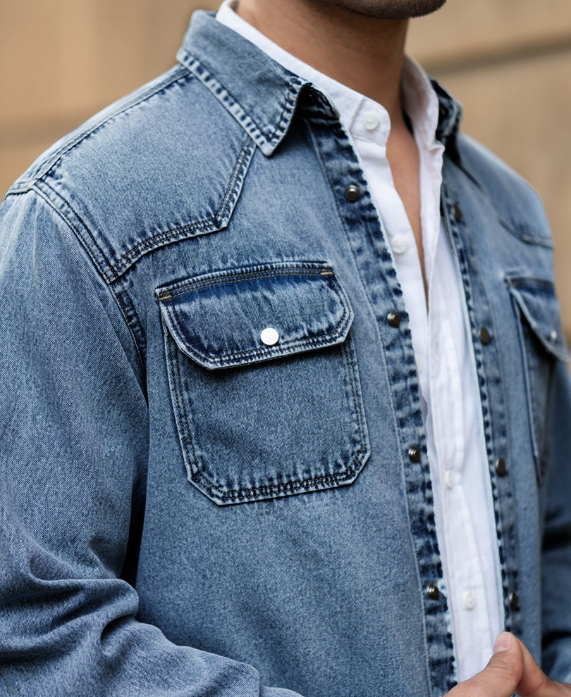 Mid Blue Denim Overshirt 100% Cotton