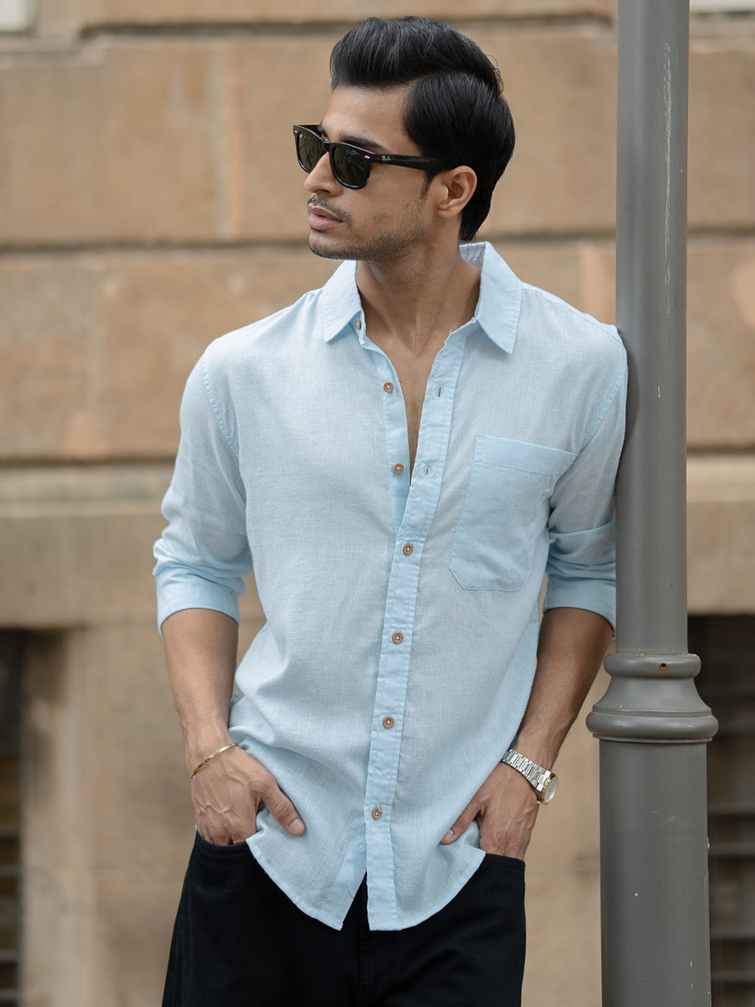 Light Blue Linen Blend Shirt