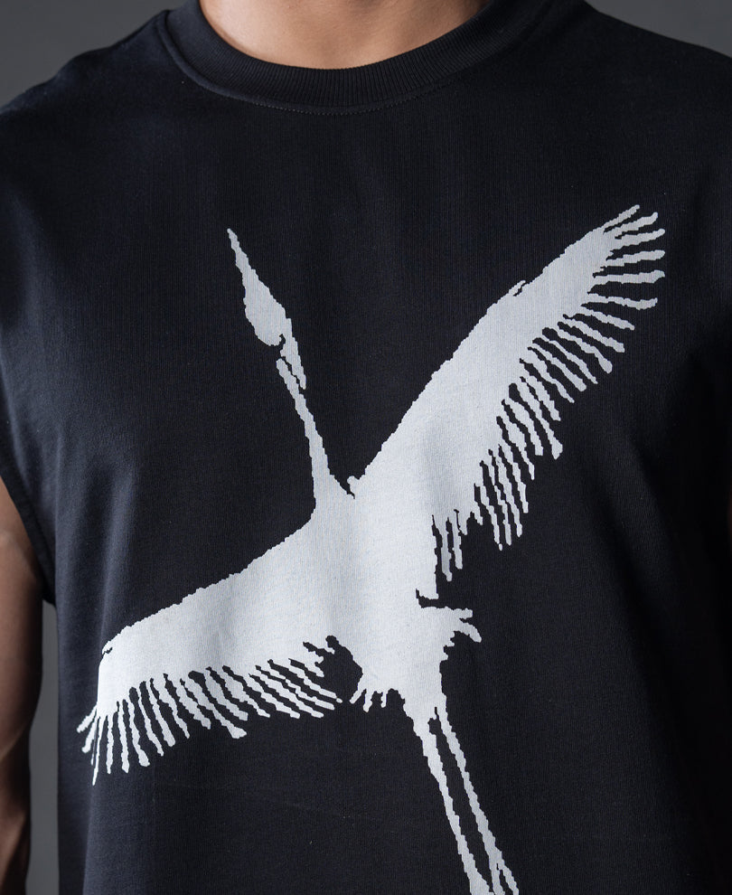 Heron Print Black Vest 100% Cotton