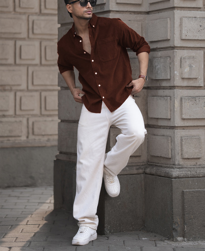 Brown Corduroy Regular Fit Full Sleeves Shirt 100% Cotton