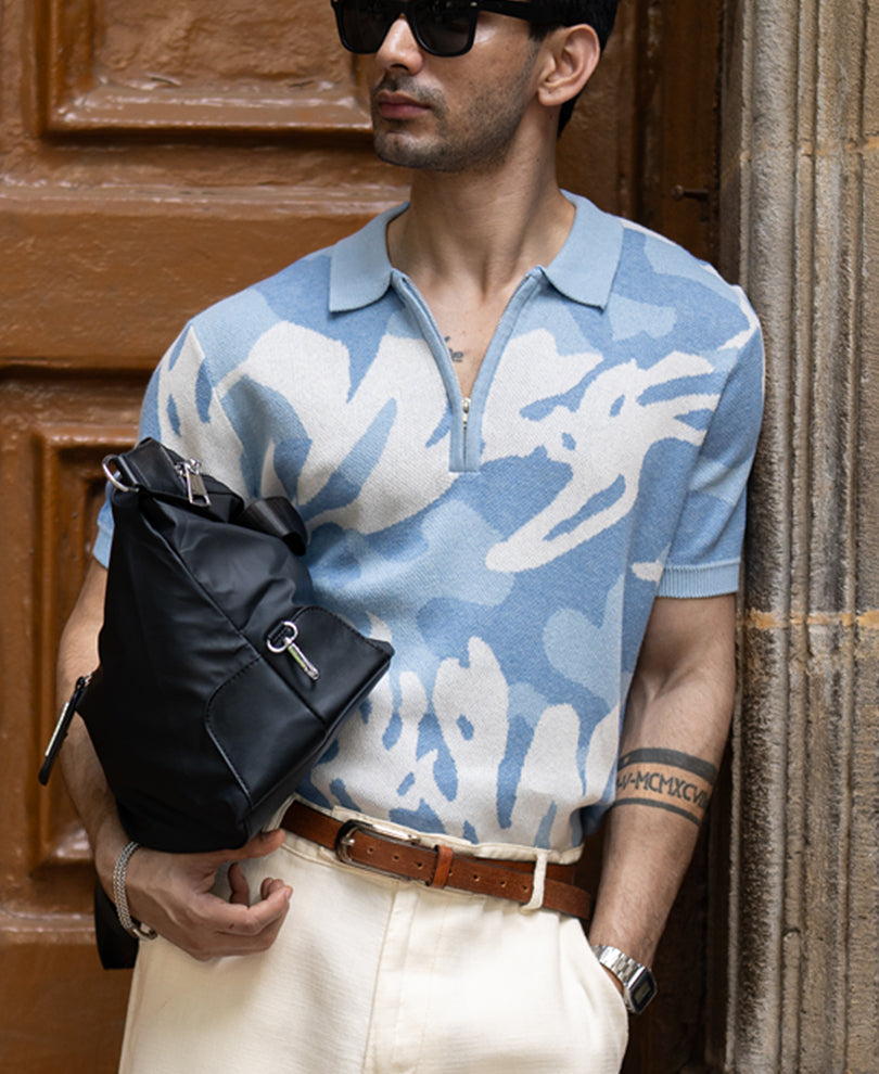 Blue Jacquard Knit T-Shirt 100% Cotton