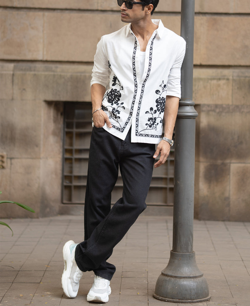 White Slub Embroidered Shirt 100% Cotton